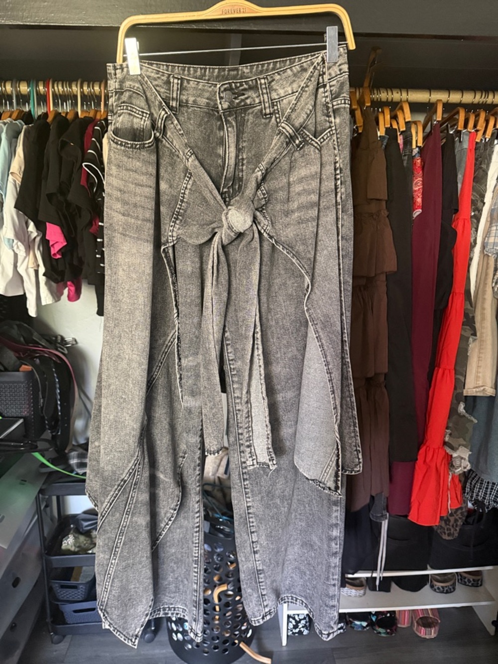 Washed  Gray Wide-Leg Tie-Front Jeans